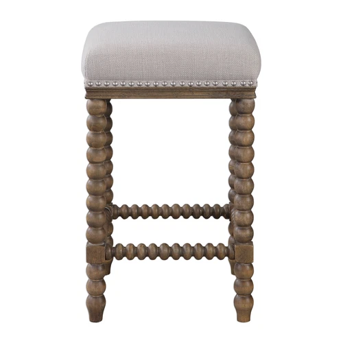 Luxe Retro Style Spindle Turned Leg Counter Stool | Plush Ivory Bar Square Wood - Picture 1 of 6