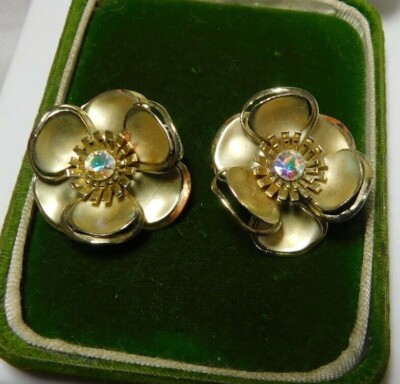 Vintage 3-D Goldfarbene Aurora Borealis Rhinestones Blumen Clip-On Ohrringe