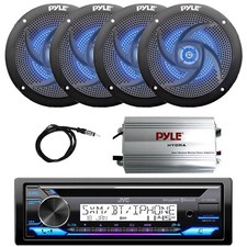 Marine Bluetooth CD Radio, Amp, 4x 5.25" 180W Blue Flash LED Speakers, Antenna