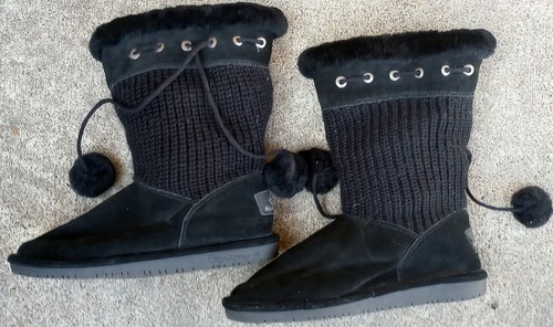 BEARPAW RAINA Womens Black Suede and Knitted Wool Winter Boots Size 10