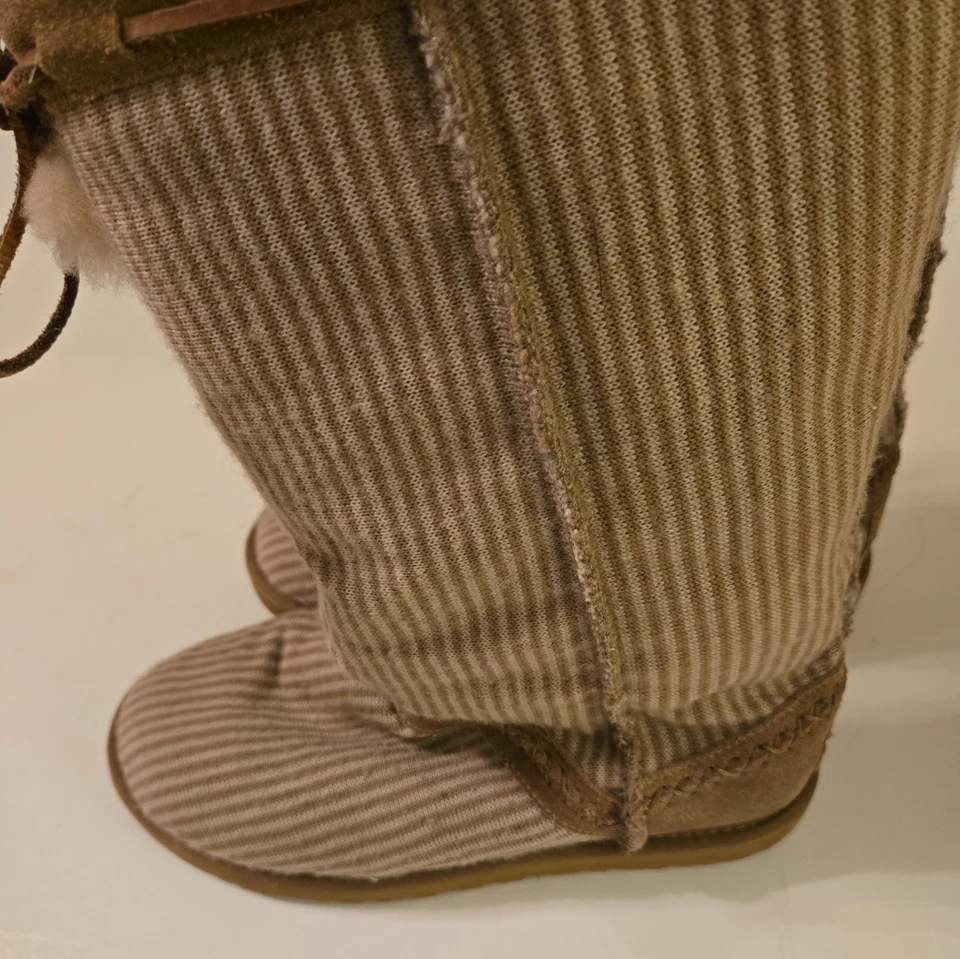 Ugg Tall Boots Womens 8 Beige Striped Tassels Pull-On Sherpa Lined  - Image 3 of 4