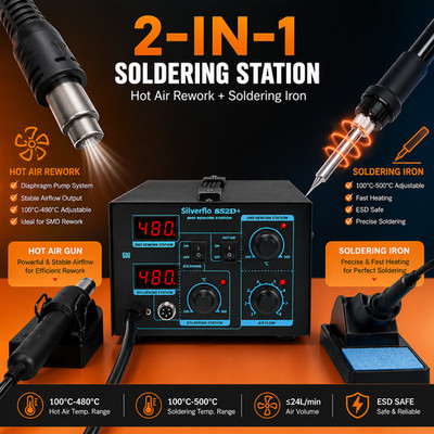 852D+ 2in1 Soldering Rework Station 740W Hot Air Gun Digital LED ESD Safe