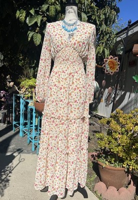Lost + Wander Love In Bloom Floral Maxi Dress Tiered Fairy Boho Smocked sz S f6