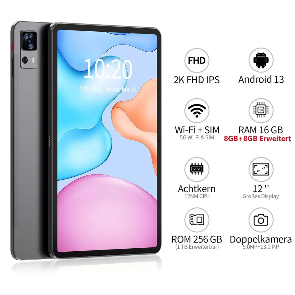 2025 Neu 12 Zoll Tablet Android 13 16GB RAM+256GB 8000mAh 4G LTE 2SIM WlFl GPS - Bild 4 von 4
