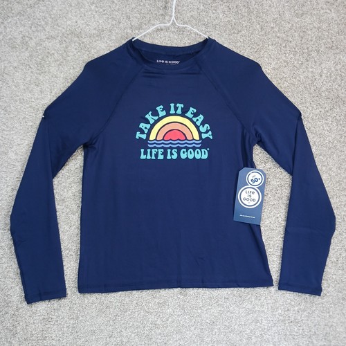 Life Is Good Sun Shirt Kids XL Blue Take It Easy Long Sleeve Beach Waves UPF 50