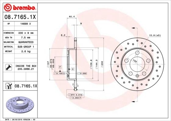 Jeu de 2 disques de frein arrière Brembo 08.7165.1X pour Audi et VW Golf
