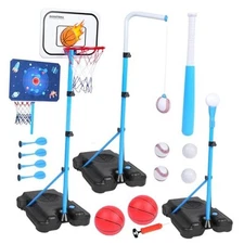 4 in 1 Kids Basketball Hoop, Basketball Hoop for Kids with Dart Board & T Ball 