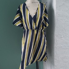 Women's Navy Yellow White Striped V-Neck Short Sleeve Wrap Dress 2XL Polyester