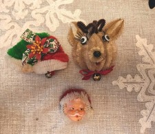 Vintage Chenille and Styrofoam Christmas Decor Reindeer Bell Santa