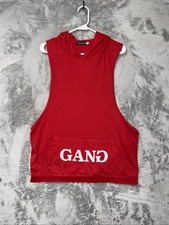 Red Sleeveless Workout Hoodie Pocket And Text GANG printed On The Front Booby