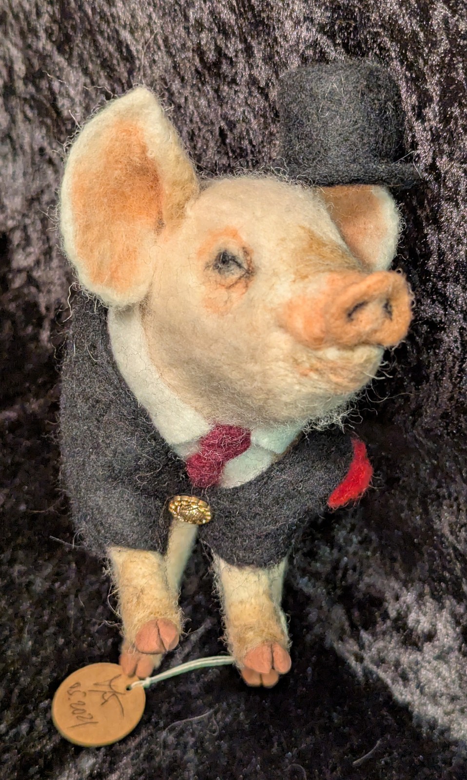OOAK Needle Felted Pig in a Black Suit w/Top Hat by Tatiana Trot