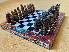 Hand Painted Crafted Chess Set - Aztec - Rare - Vintage - Collectable - Fold Out