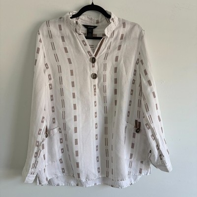 Ali Miles Womens Linen Blend Blouse Top L Striped Button Roll Tab Lightweight