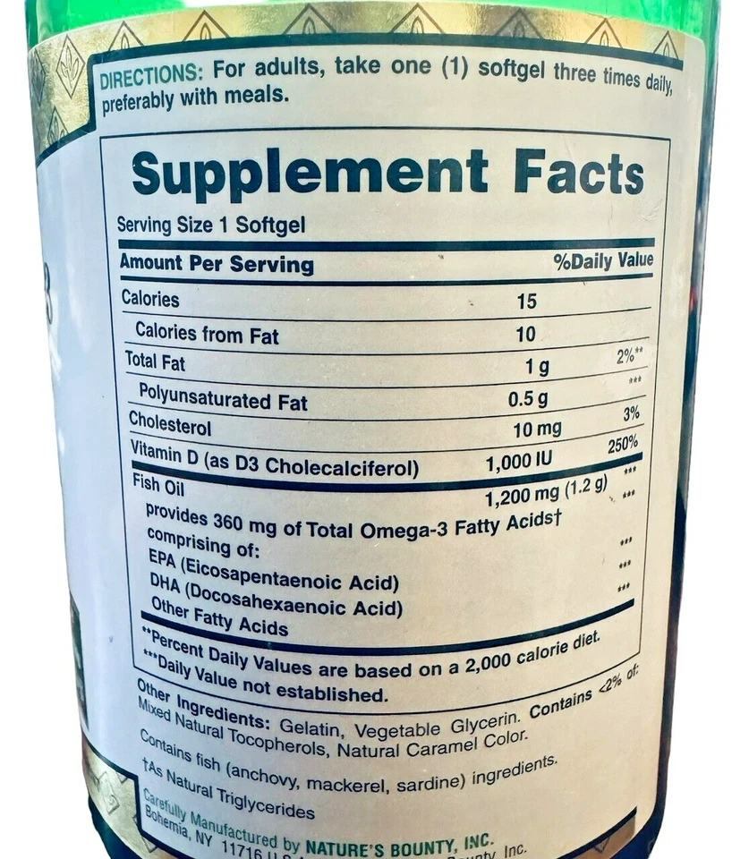 Aceite de pescado Nature's Bounty 1200 mg + vitamina D3 1000 UI, 90 cápsulas blandas Foto 2 de 2