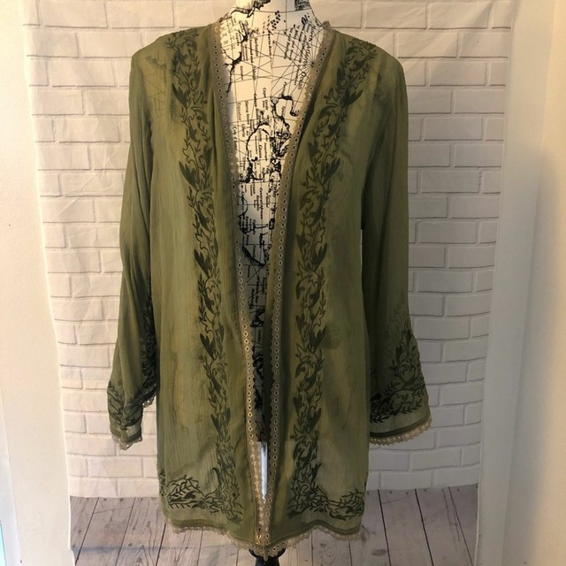 Soft Surroundings green sheer embroidered duster cardigan size large