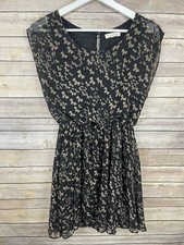 Lush Small Dress Black Tan Bow Print Sheer Overlay Gathered Waist Boho