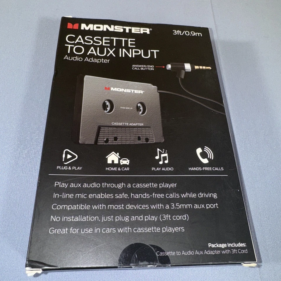 MONSTER Cassette to 3.5mm Aux Input Audio Adapter Hands Free Calling Home Car - Image 4 of 4