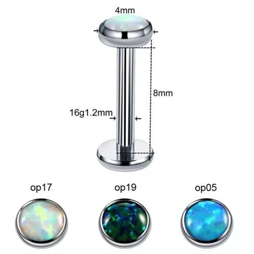 IMPLANT GRADE TITANIUM Opal Bar Internally Threaded Earring Flat Gem G23 Helix - Picture 7 of 8