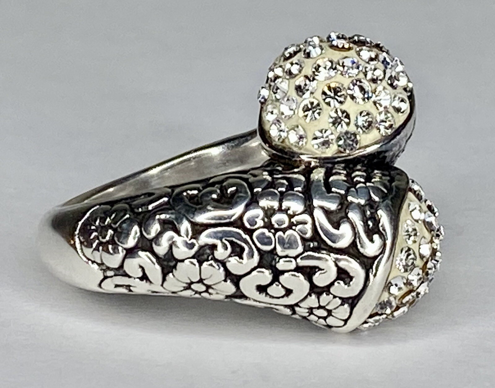 Sterling Silver Floral Scroll Bypass Ring Sparkin… - image 4