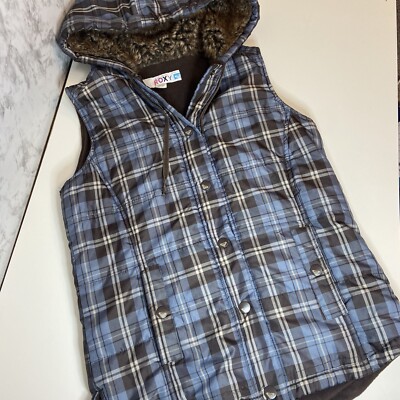Roxy Fleece Lined Hooded Hoodie Faux Fur Checkered Plaid Puffer Vest Sz Small