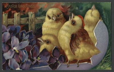 c.1908-10 Easter Litho Postcard BOLD COLORFUL EASTER CHICKS HATCH EGG, FLOWERS