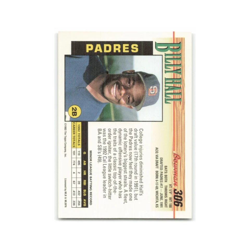 Billy Hall Rookie 1993 Bowman #306 San Diego Padres Baseball Card NM - Image 2 of 3