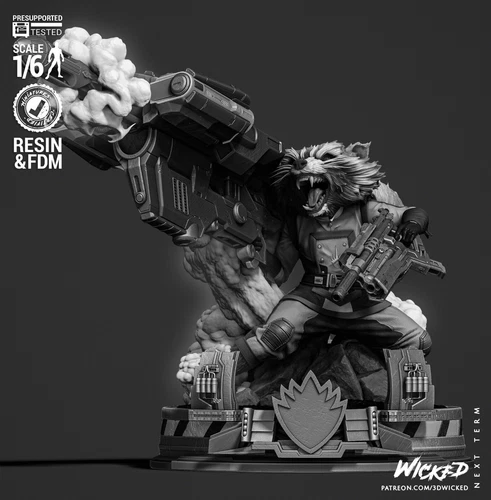 Figura impresa en 3D versión cómic Rocket, sin pintar Marvel Guardianes de la Galaxia