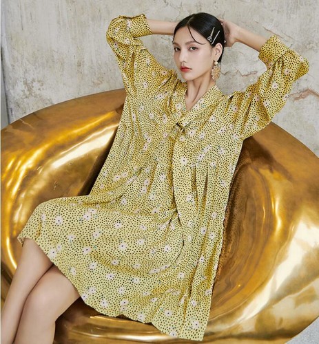 Womens Autumn New Fashion Long Sleeve Floral Printed Loose Pleated Dress - 第 8/9 張圖片