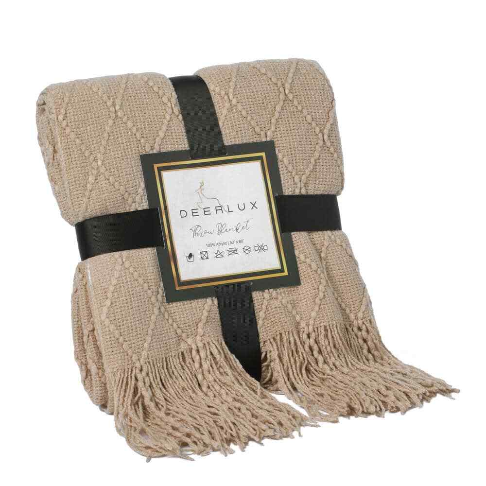 Khaki Decorative Diamond Pattern Knit Throw Blanket Fringe