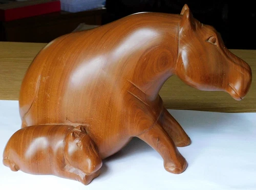 Hippo and Calf Wood Sculpture, Hand Carved Art Decoration