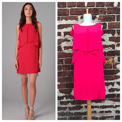BCBG Maxazria Runway sz S Hot Pink Flounce Ruffle Cardine Dress Shift Cocktail