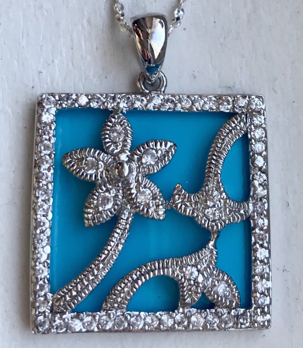 NEW* Sterling Aqua CZ Flower Square Necklace