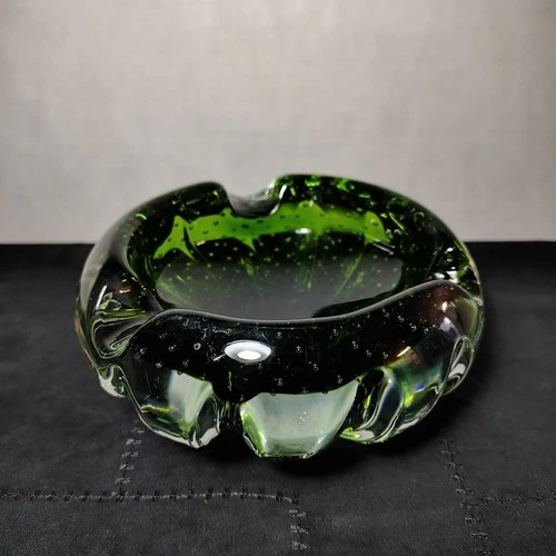 1960s Murano Green Ashtray: Biomorphic Bubble Glass Trinket Dish