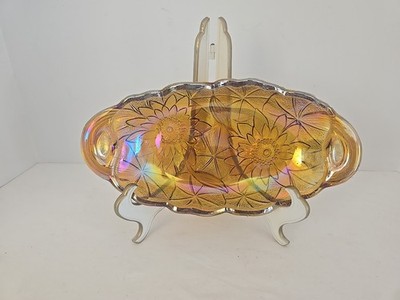 Vtg Indiana Carnival Glass Oval Dish Handled Marigold Lily Pons 9.5 D