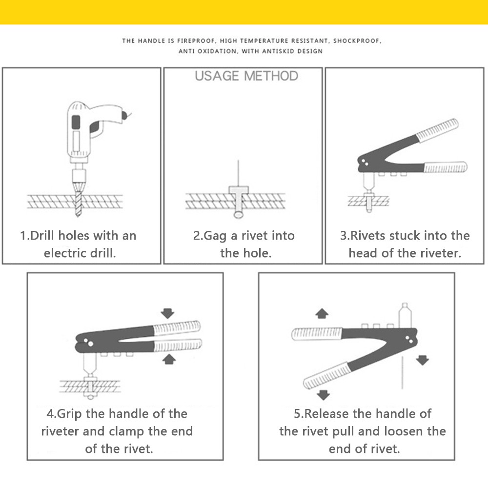 .Rivet Gun Kit Heavy Duty Single Hand Manual Riveter With 4 Interchangeable
