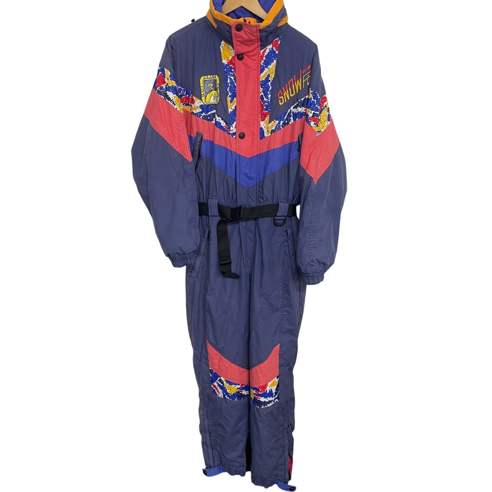 Traje de esquí Diadora retro patrón de bloques de colores cremallera completa con cinturón grande