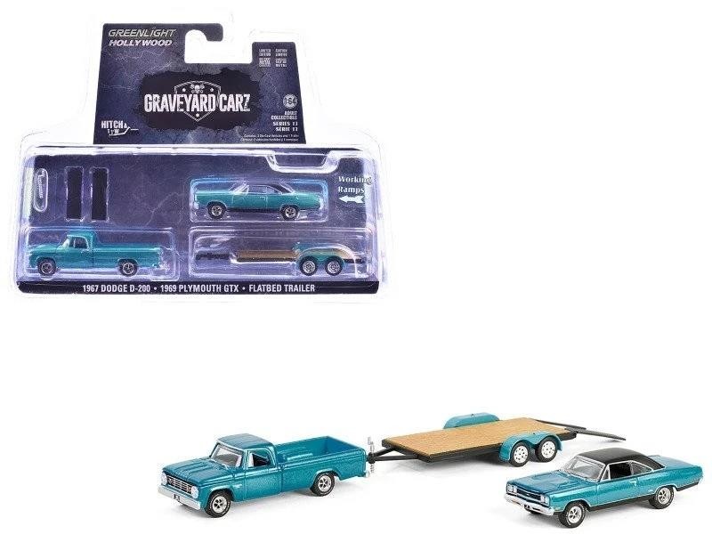 Graveyard Carz 1969 Plymouth GTX 1967 Dodge D-200 Trailer 1:64 Greenlight 31180A