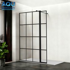 AQU Black Grid Shower Screen & Flipper Panel Walk In 8mm Glass Panel Cubicle