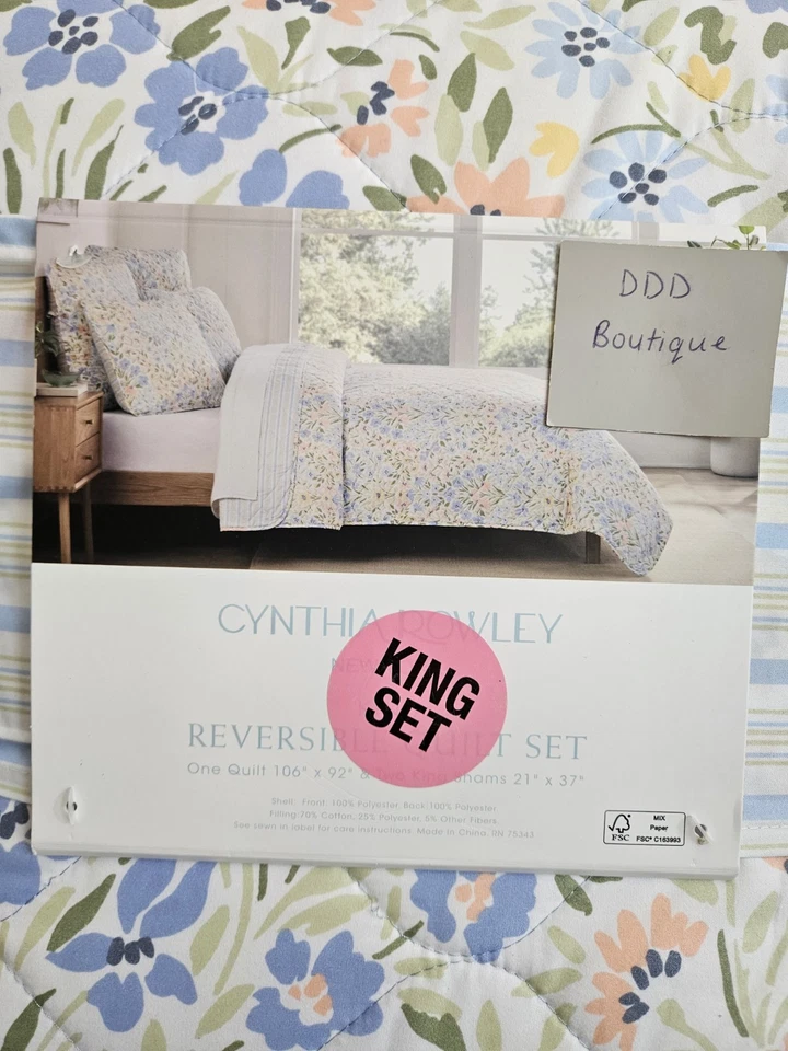 NIP Cynthia Rowley Reversible Multi- Color Floral King Quilt Set 3pc Stripes - Image 2 of 4