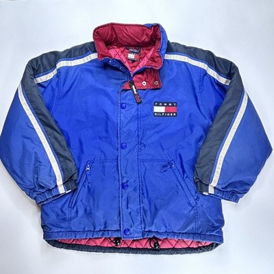 Vintage 90s Tommy Hilfiger Ski Puffer Jacket Men  L Blue Red Flag Hong Kong Read