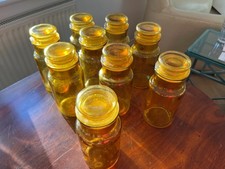 9 set amber coloured glass storage jars canisters with seals........FREE UK POST