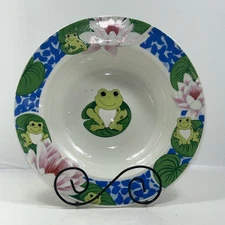 Tienshan Frog Rimmed Soup Bowl Bright Pink Flowers Green Blue White