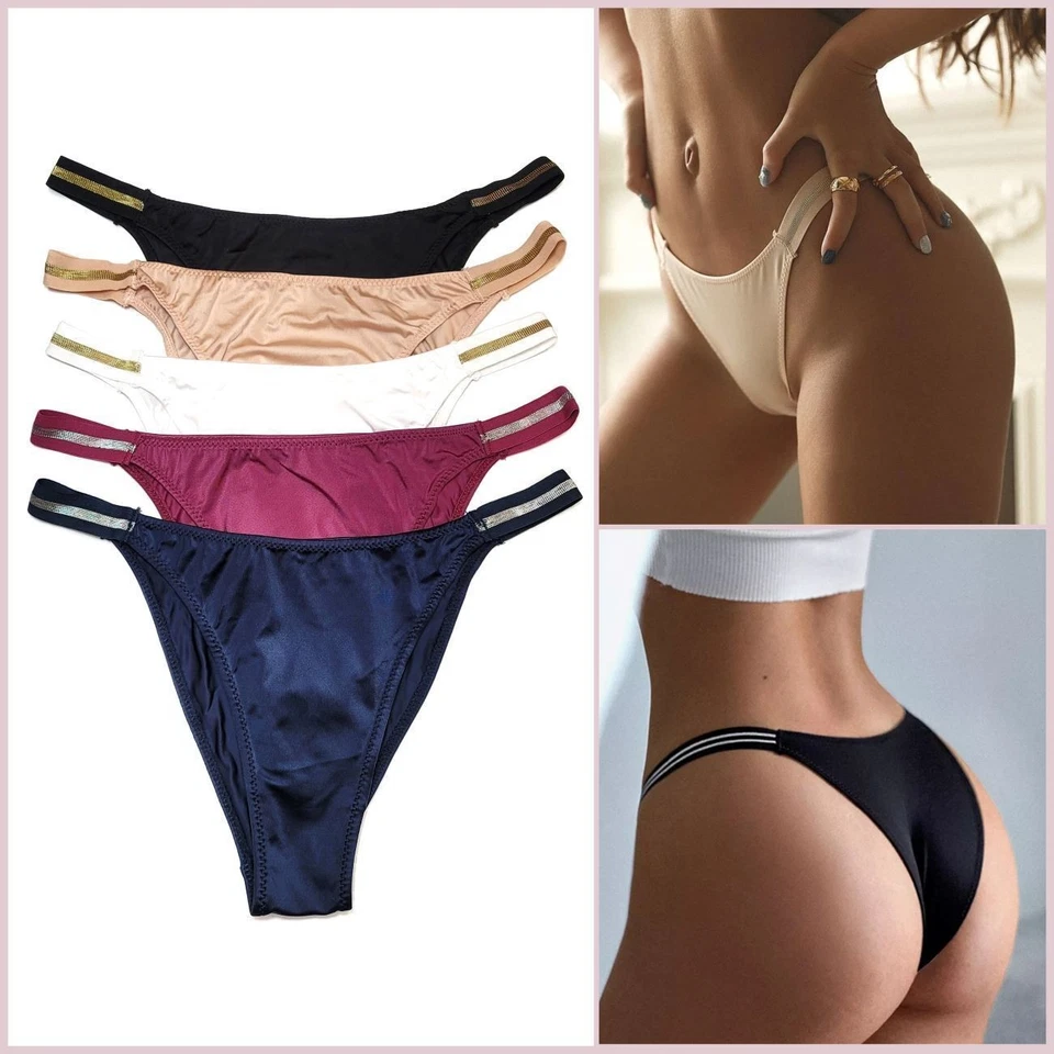Pack Of 5 Women High Cut Satin Panties Thong Brief Brazilian Underwear Lingeries - Image 3 of 4