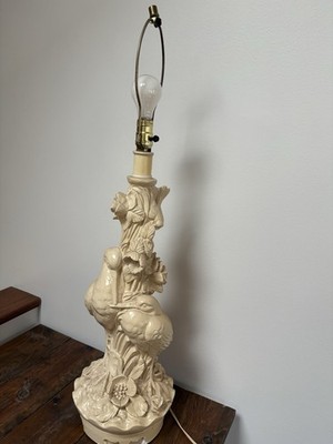 Vintage Heavy Bird Plaster Lamp Signed Pieri Ivory Colored Storks Crane Flowers