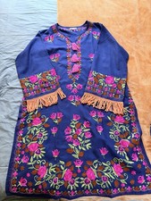 House of Kari XXL Blue Cotton Embroidered Kurta Women Pink Tassels Floral Design