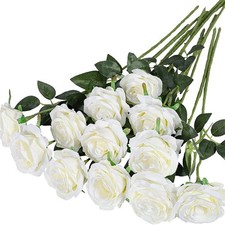 12 Bulk Artificial Roses, White Fake Flowers, Simulated Velvet Rose Bouquet