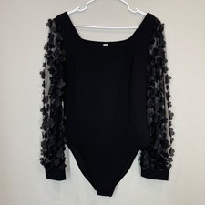 Bodysuit Black Women's L Floral Applique Mesh Sleeve Stretch Square Neck Snap