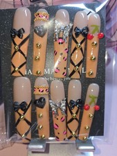 Press-On Nails Large 3x Brown ballerina themed with black bows, cherry charm
