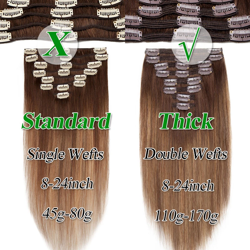 THICK Clip in 100% Remy Human Hair Extensions Double Drawn Weft Full Head Wavy - Image 4 of 4
