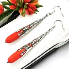 Long Sea Glass Teardrop Earrings Coral/Orange with Sterling Silver Ear Wires